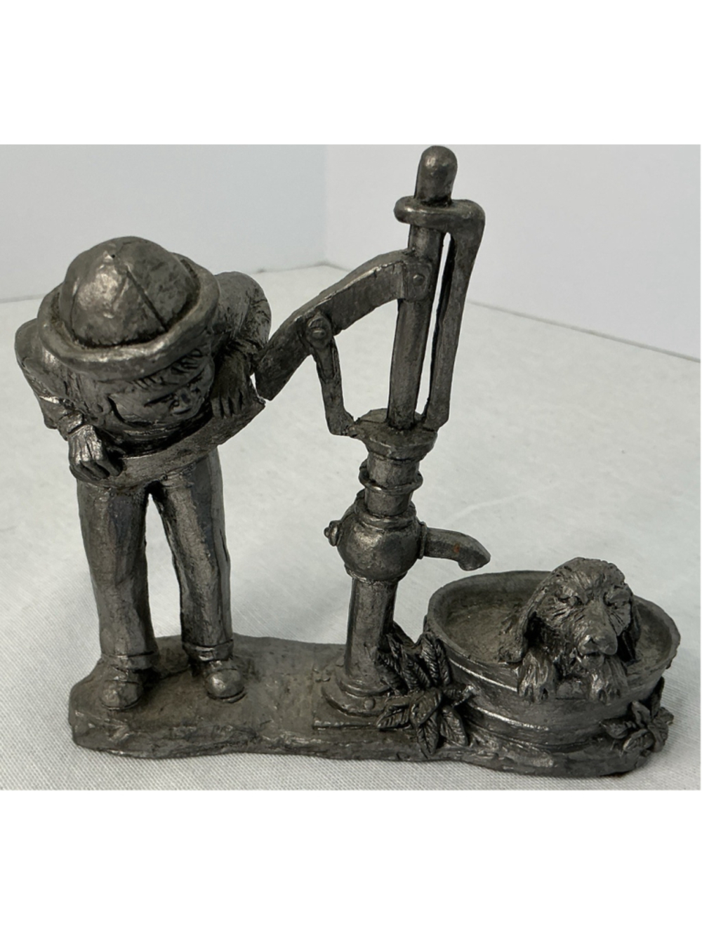 Vtg M. Ricker Pewter Figurine Boy Pumping Water Dog Bath 4.5" no.1730/3500 *READ
